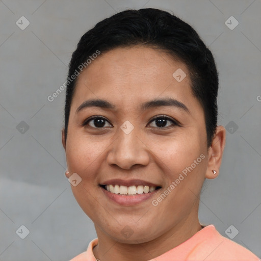 Joyful asian young-adult female with short  brown hair and brown eyes