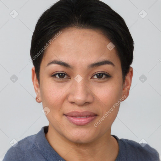 Joyful asian young-adult female with short  brown hair and brown eyes