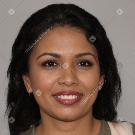 Joyful black young-adult female with medium  brown hair and brown eyes