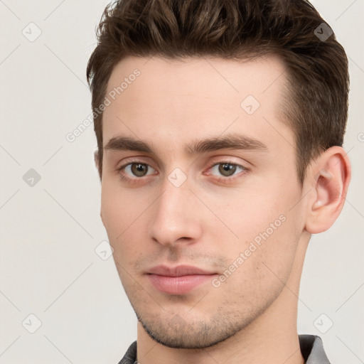 Neutral white young-adult male with short  brown hair and brown eyes