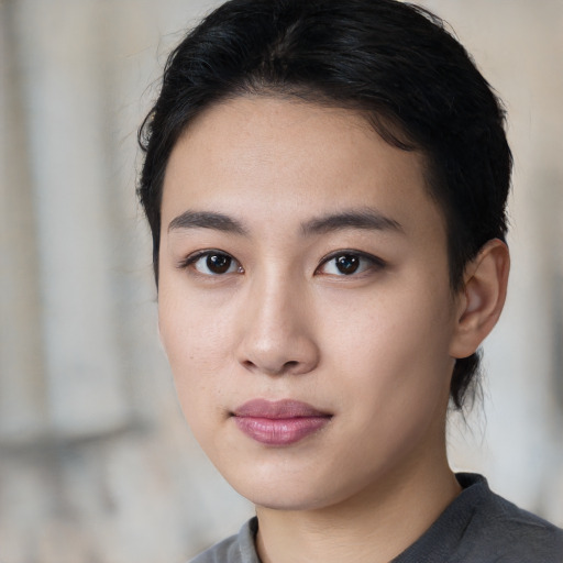 Neutral white young-adult female with medium  black hair and brown eyes