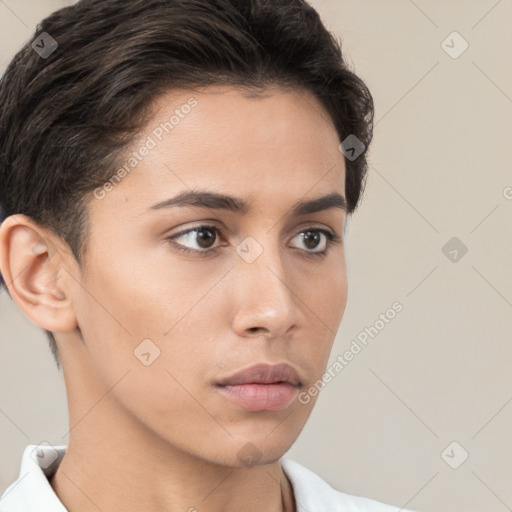 Neutral white young-adult female with short  brown hair and brown eyes