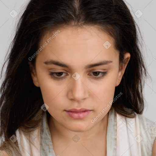 Neutral white young-adult female with long  brown hair and brown eyes