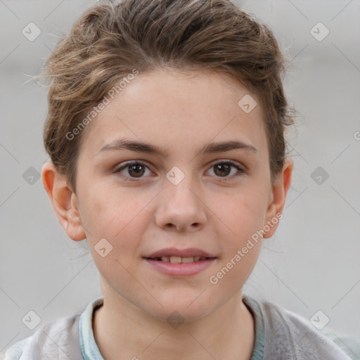 Joyful white child female with short  brown hair and brown eyes