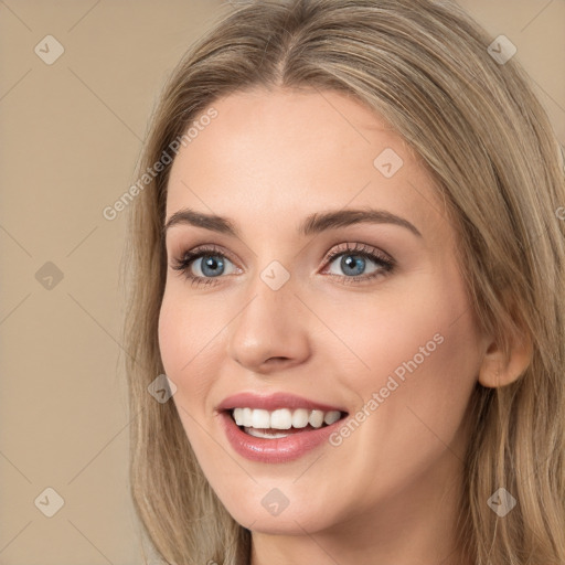 Joyful white young-adult female with long  brown hair and grey eyes