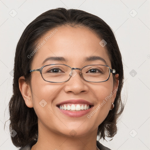 Joyful white young-adult female with medium  brown hair and brown eyes