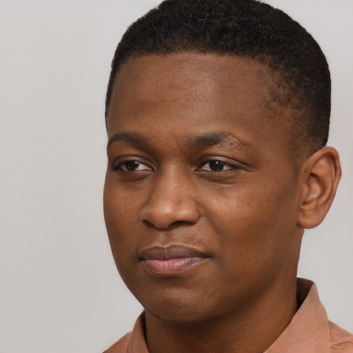 Joyful black young-adult male with short  brown hair and brown eyes