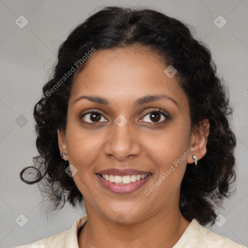 Joyful black young-adult female with medium  brown hair and brown eyes