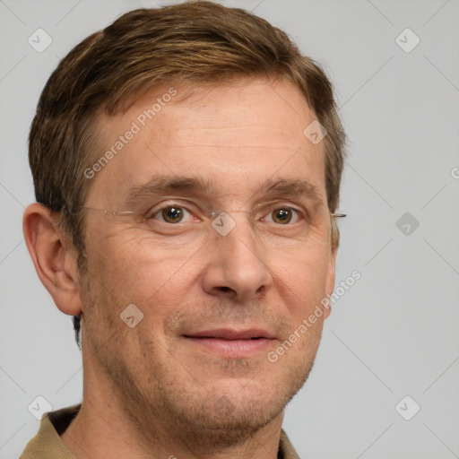 Joyful white adult male with short  brown hair and grey eyes