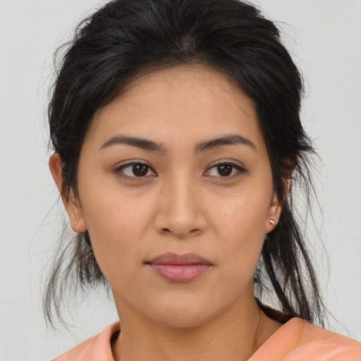 Neutral latino young-adult female with medium  brown hair and brown eyes