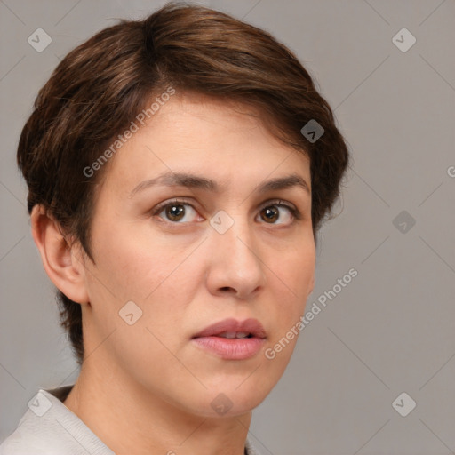 Neutral white young-adult female with short  brown hair and brown eyes