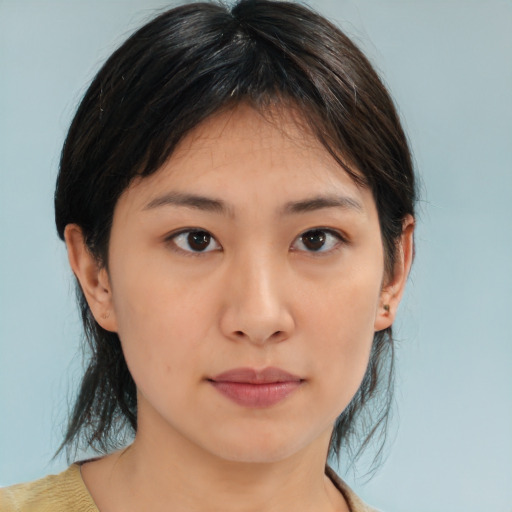 Neutral asian young-adult female with medium  brown hair and brown eyes