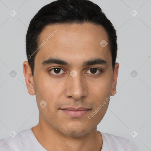 Neutral latino young-adult male with short  black hair and brown eyes