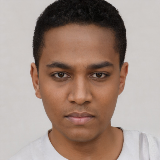 Neutral black young-adult male with short  black hair and brown eyes
