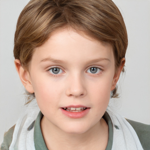 Joyful white child female with medium  brown hair and grey eyes