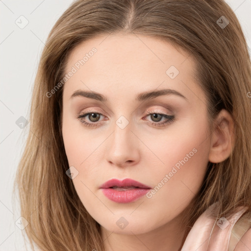 Neutral white young-adult female with long  brown hair and brown eyes