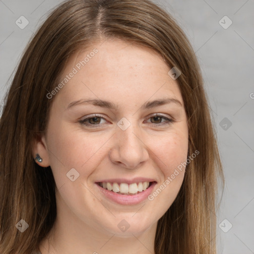 Joyful white young-adult female with long  brown hair and grey eyes