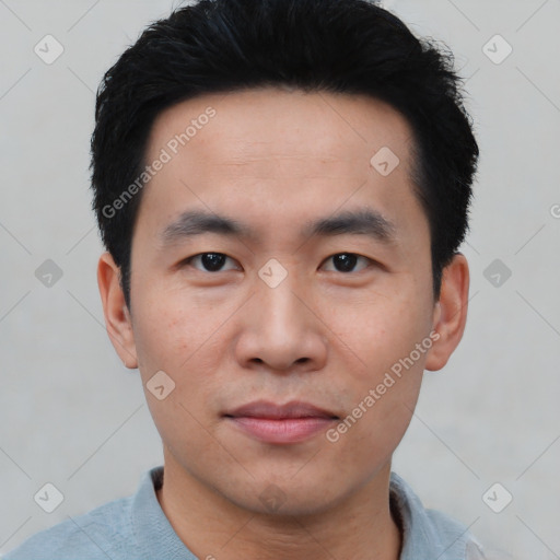 Neutral asian young-adult male with short  black hair and brown eyes