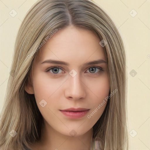 Neutral white young-adult female with long  brown hair and brown eyes