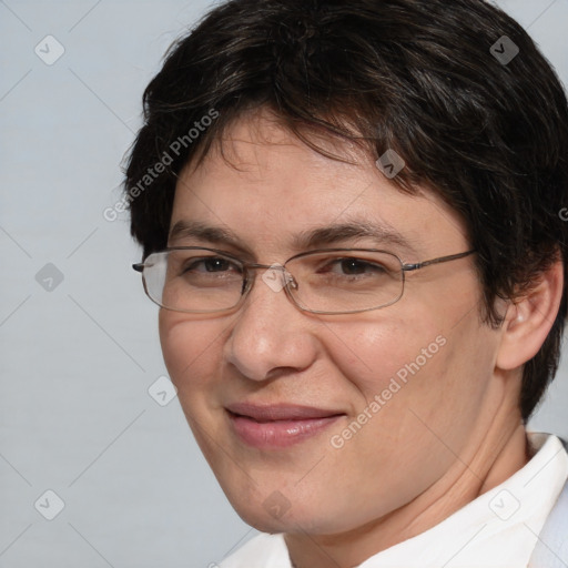 Joyful white adult female with short  brown hair and brown eyes