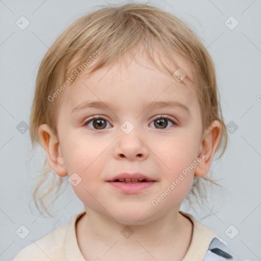 Neutral white child female with medium  brown hair and blue eyes