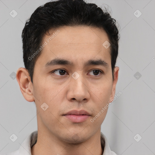 Neutral latino young-adult male with short  brown hair and brown eyes