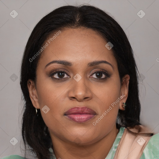 Joyful latino young-adult female with medium  brown hair and brown eyes