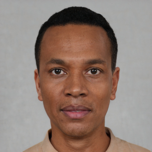 Neutral black young-adult male with short  black hair and brown eyes