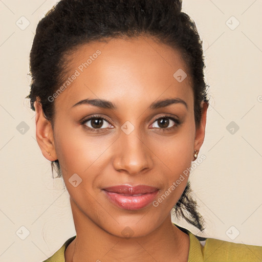 Joyful latino young-adult female with short  brown hair and brown eyes