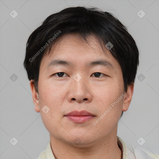 Neutral asian young-adult male with short  brown hair and brown eyes