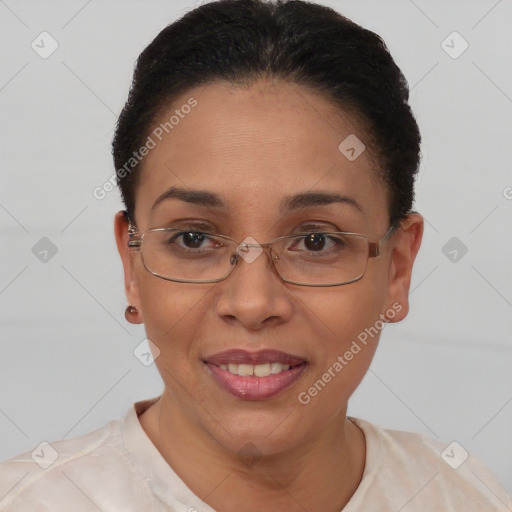 Joyful white adult female with short  brown hair and brown eyes