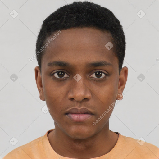 Neutral black young-adult male with short  black hair and brown eyes