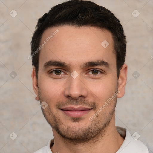 Joyful white young-adult male with short  brown hair and brown eyes