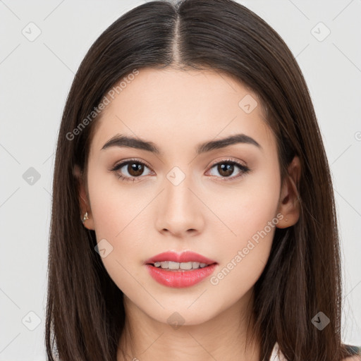 Neutral white young-adult female with long  brown hair and brown eyes