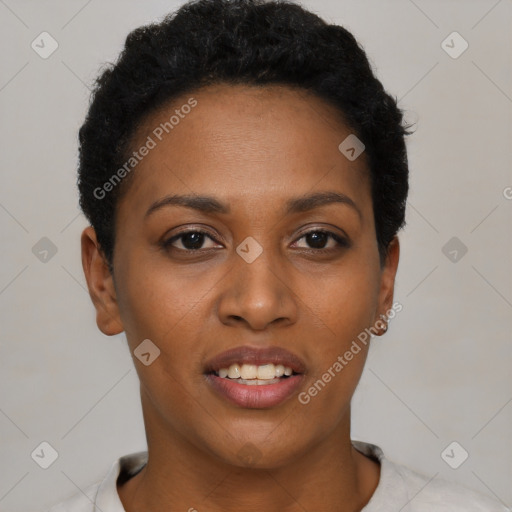 Joyful black young-adult female with short  black hair and brown eyes