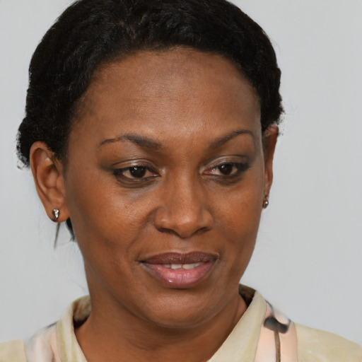 Joyful black adult female with short  brown hair and brown eyes