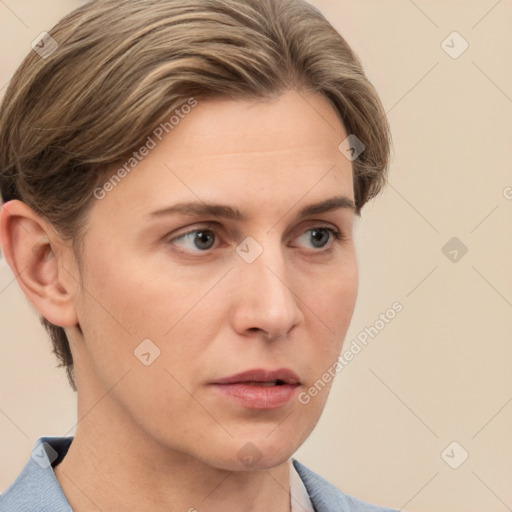 Neutral white young-adult female with medium  brown hair and grey eyes