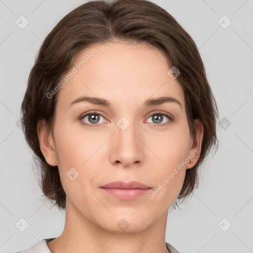 Neutral white young-adult female with medium  brown hair and grey eyes