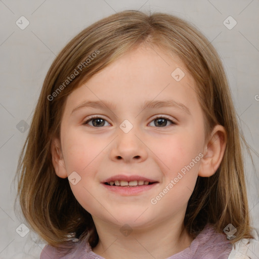 Joyful white child female with medium  brown hair and blue eyes