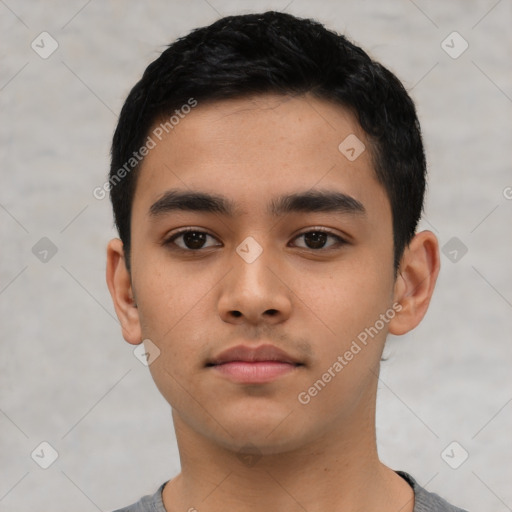 Neutral asian young-adult male with short  black hair and brown eyes