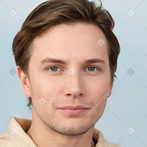 Neutral white young-adult male with short  brown hair and grey eyes