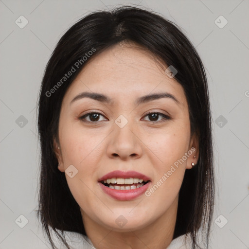 Joyful latino young-adult female with medium  brown hair and brown eyes