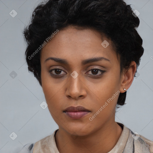 Neutral latino young-adult female with short  black hair and brown eyes