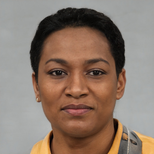 Joyful latino young-adult female with short  black hair and brown eyes