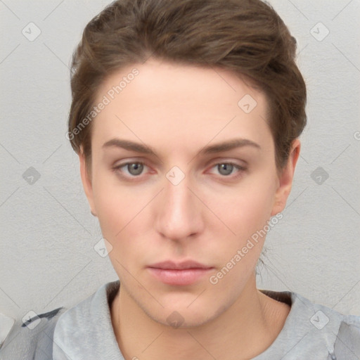 Neutral white young-adult female with short  brown hair and grey eyes