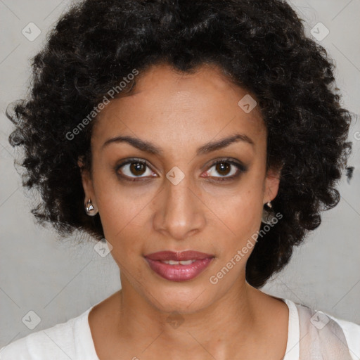 Joyful latino young-adult female with short  black hair and brown eyes