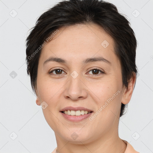 Joyful white young-adult female with short  brown hair and brown eyes