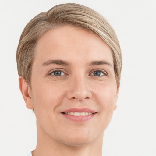 Joyful white young-adult female with short  brown hair and grey eyes