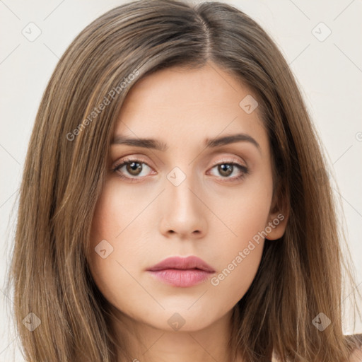 Neutral white young-adult female with long  brown hair and brown eyes