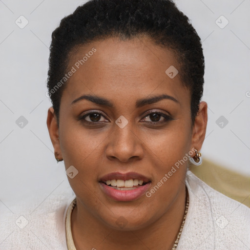 Joyful black young-adult female with short  brown hair and brown eyes